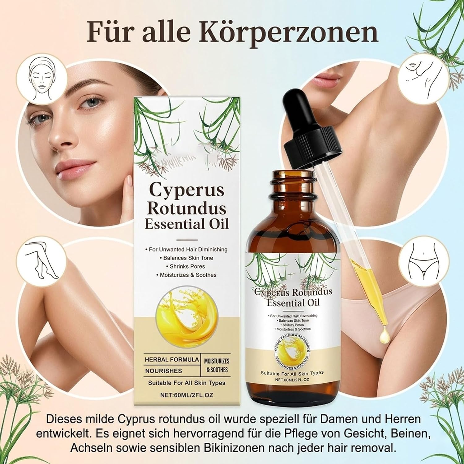 Cyperus Rotundus Oil Zur Haarentfernung, Cyperus Rotundus Öl Reduziert Eingewachsene Haare Nach Der Rasur, Natürliches Körper & Gesicht Hair Removal Cyperus Oil, Leichtes & Sanfte Körperpflege, 2PCS